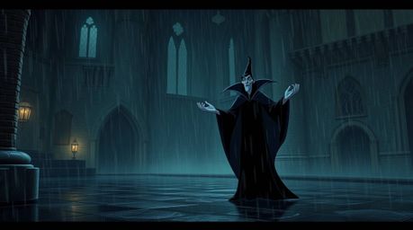 A classic Disney villain, shrouded in dark clothing, casts a powerful spell within the confines of an ancient castle. Drizzli
