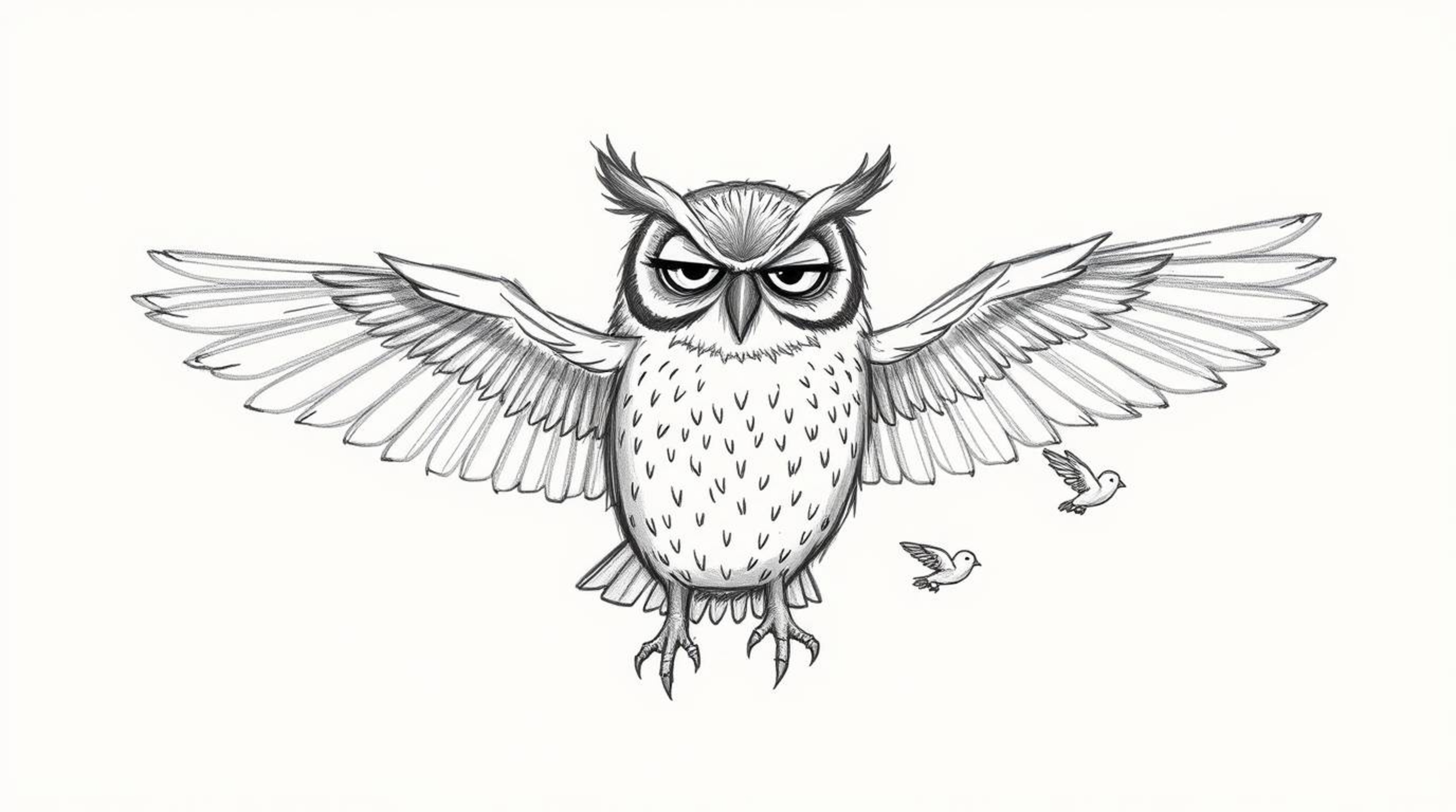A captivating hand-drawn sketch in the style of Pixar depicts a wise, blind owl with outstretched wings, gently guiding a flo