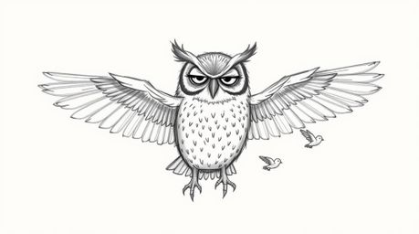 A captivating hand-drawn sketch in the style of Pixar depicts a wise, blind owl with outstretched wings, gently guiding a flo