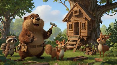 A high-resolution commercial stock photo captures an anthropomorphic beaver, complete with a tool belt, joyfully building a w