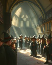 A captivating painting depicts a magical school bustling with young wizards, illuminated by a gentle and soft light. The artw