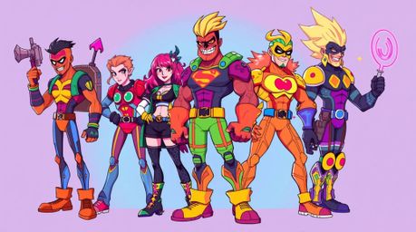 Discover a captivating digital illustration of a team of misfit heroes, bursting with electric colors and showcasing their di