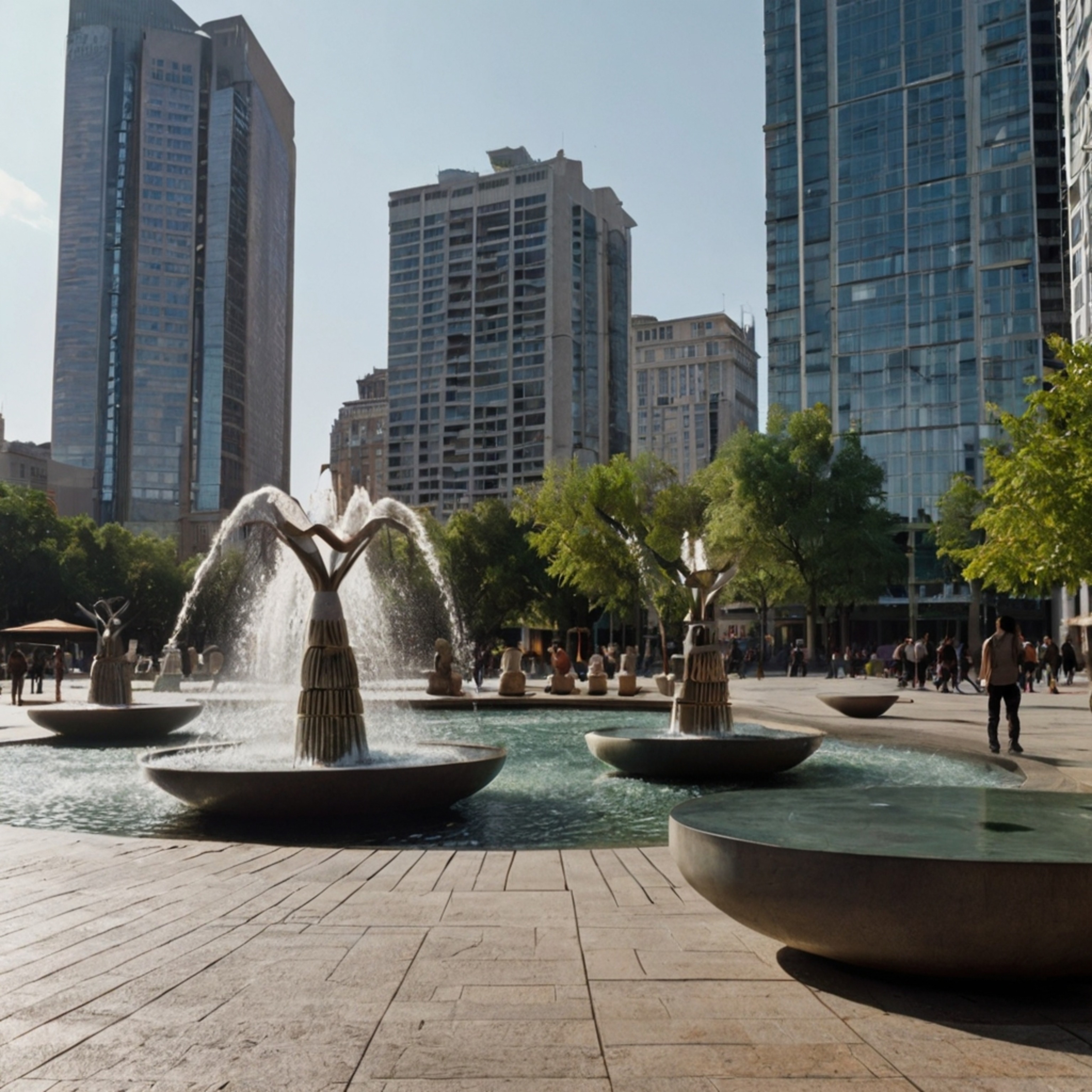 Experience the vibrant energy of a bustling urban plaza. This modern public space features a striking sculpture, refreshing f