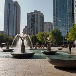Experience the vibrant energy of a bustling urban plaza. This modern public space features a striking sculpture, refreshing f