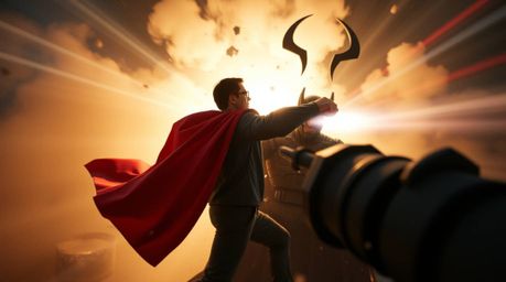 Witness an epic high-angle perspective of a classic battle: a determined superhero with a flowing cape facing off against a d