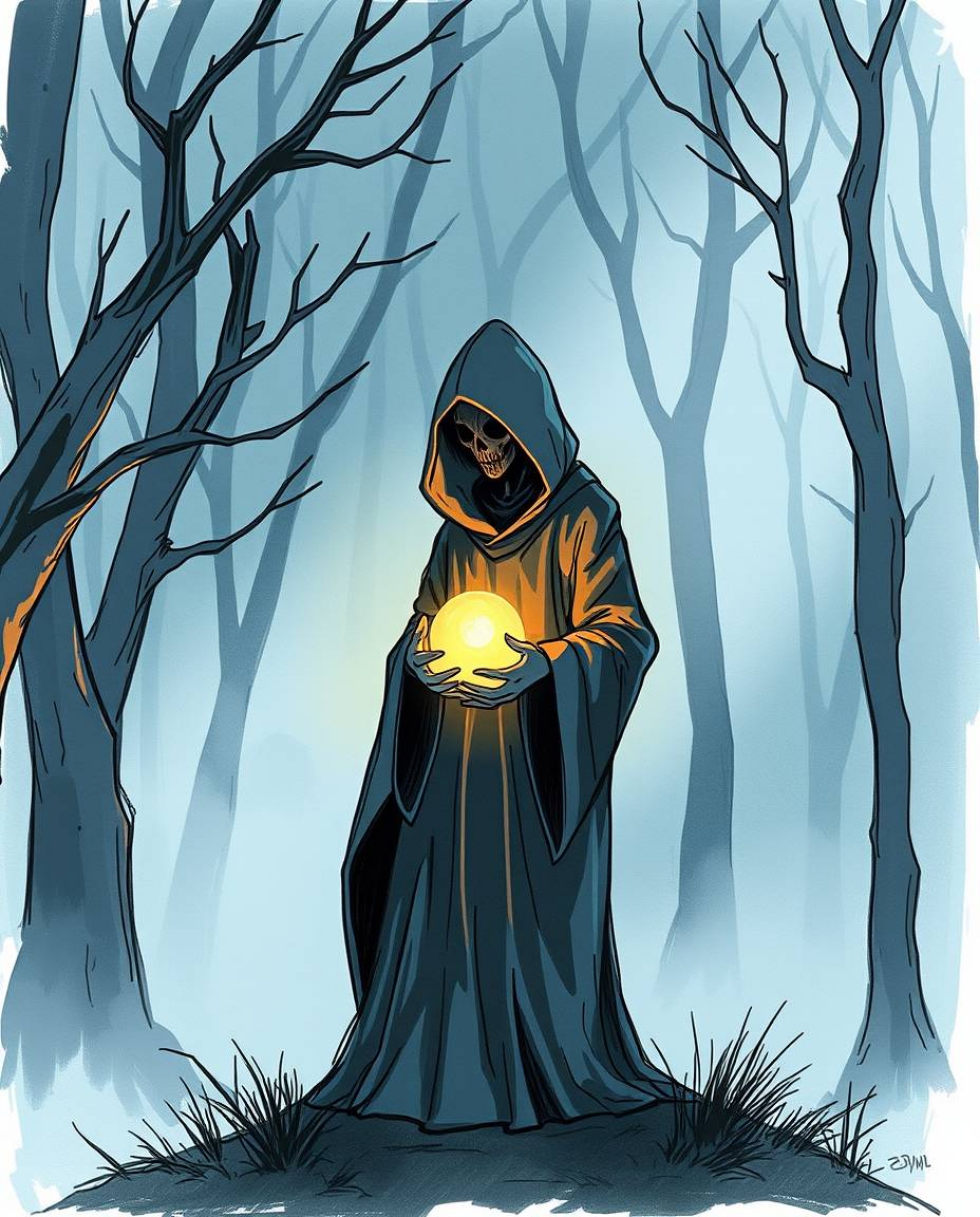 A captivating hand-drawn sketchnote depicts a mysterious cloaked figure within a misty forest, holding a luminous glowing orb