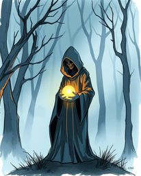 A captivating hand-drawn sketchnote depicts a mysterious cloaked figure within a misty forest, holding a luminous glowing orb