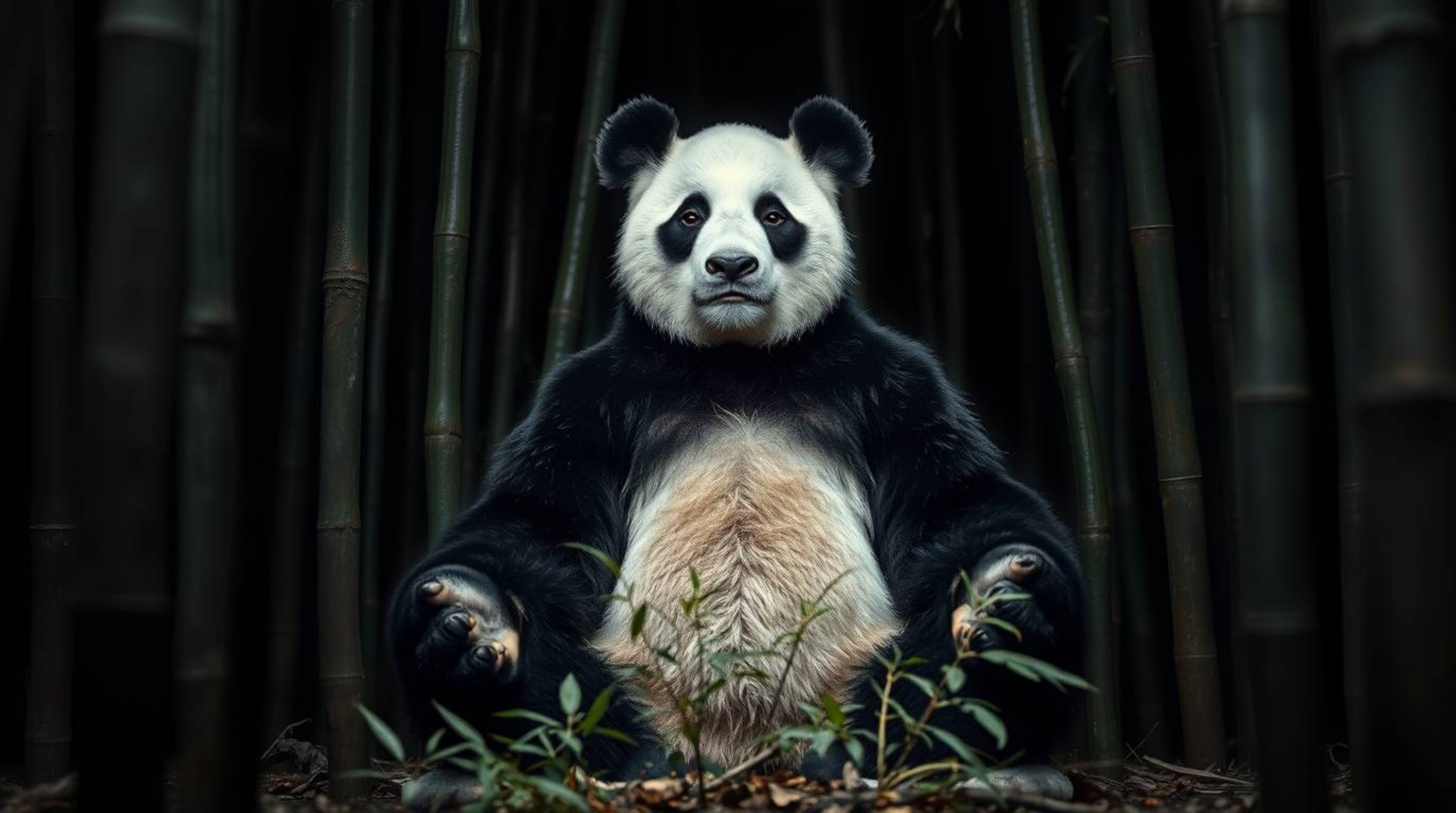 A captivating fine art photograph featuring an unusual and original subject: a martial artist panda meditating peacefully wit