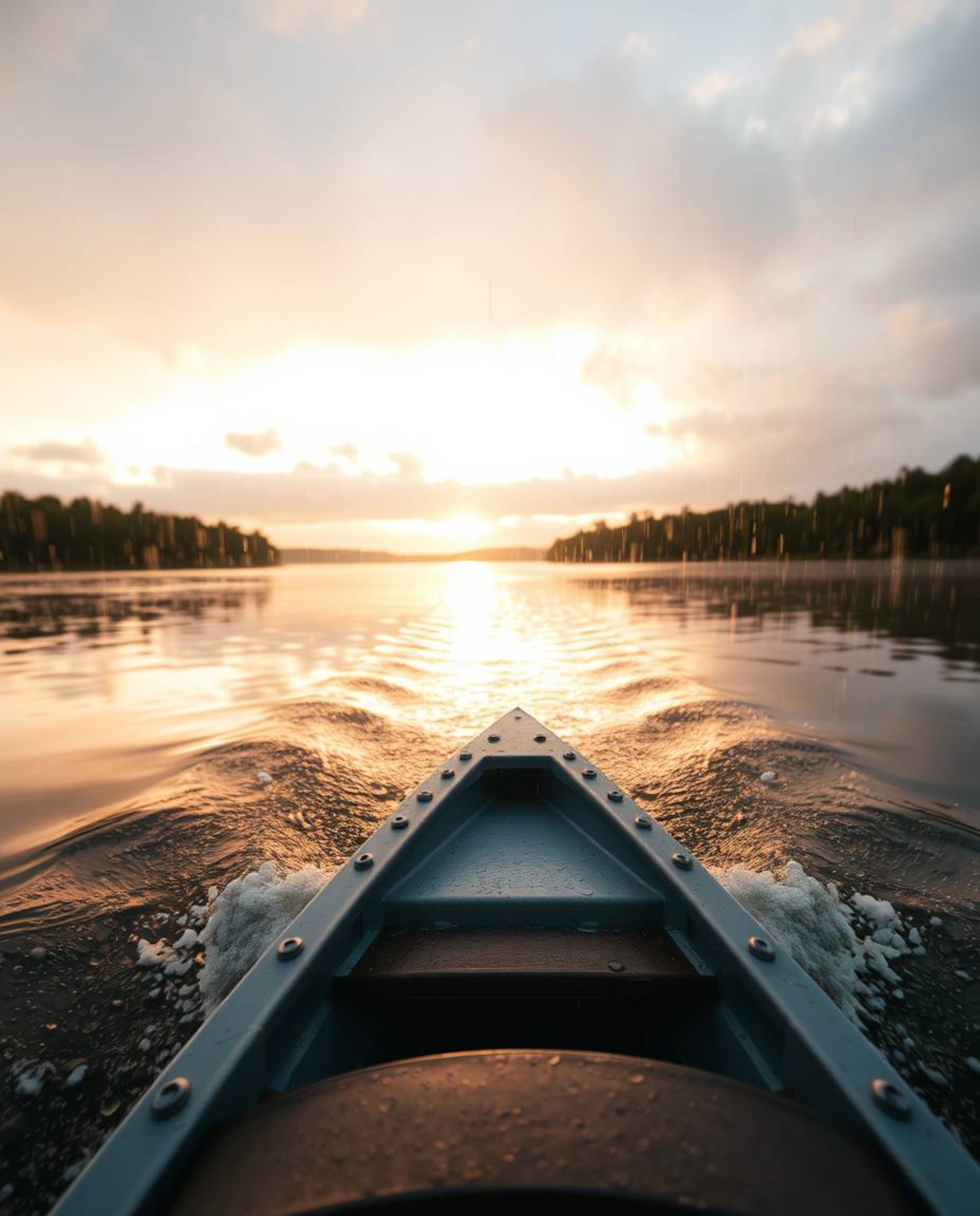 A boat drifts on a lake at sunset, viewed from a low angle perspective in a wet rainy scene, the rain creating reflective sur