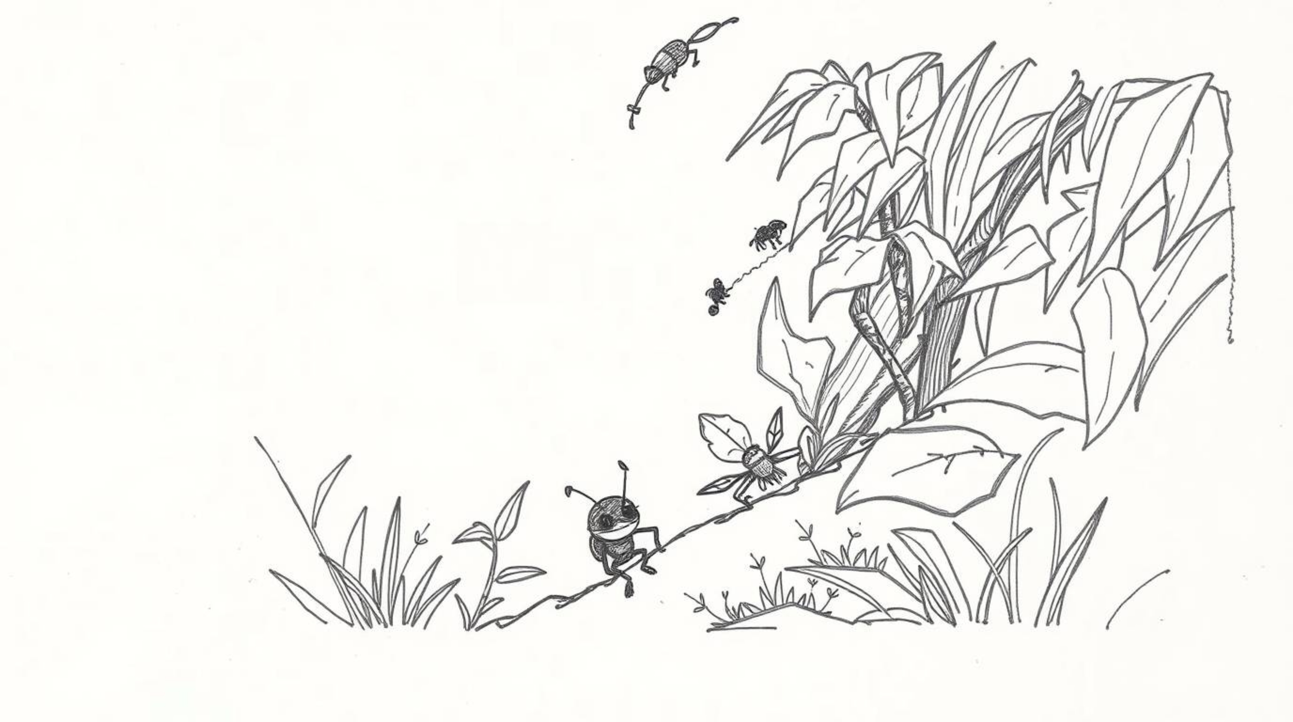 A captivating hand-drawn sketch depicts a bug-sized hero embarking on an adventure through a lush backyard jungle. The high-a