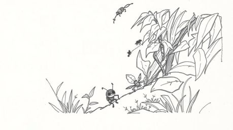 A captivating hand-drawn sketch depicts a bug-sized hero embarking on an adventure through a lush backyard jungle. The high-a