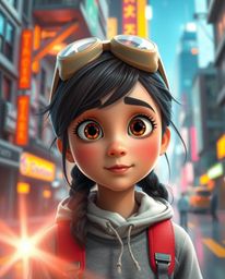 A captivating image of a young inventor girl with bright eyes and rosy cheeks, set against a stunning futuristic cityscape. R