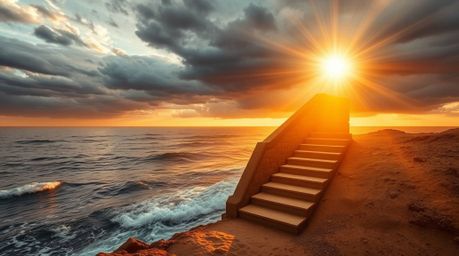 A breathtaking scene unfolds as warm golden hour light illuminates a dramatic staircase rising from the ocean and ascending i