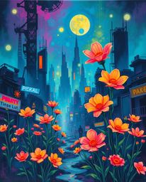 Vivid bioluminescent flowers illuminate a decaying post-apocalyptic city in a bold acrylic painting. This captivating artwork