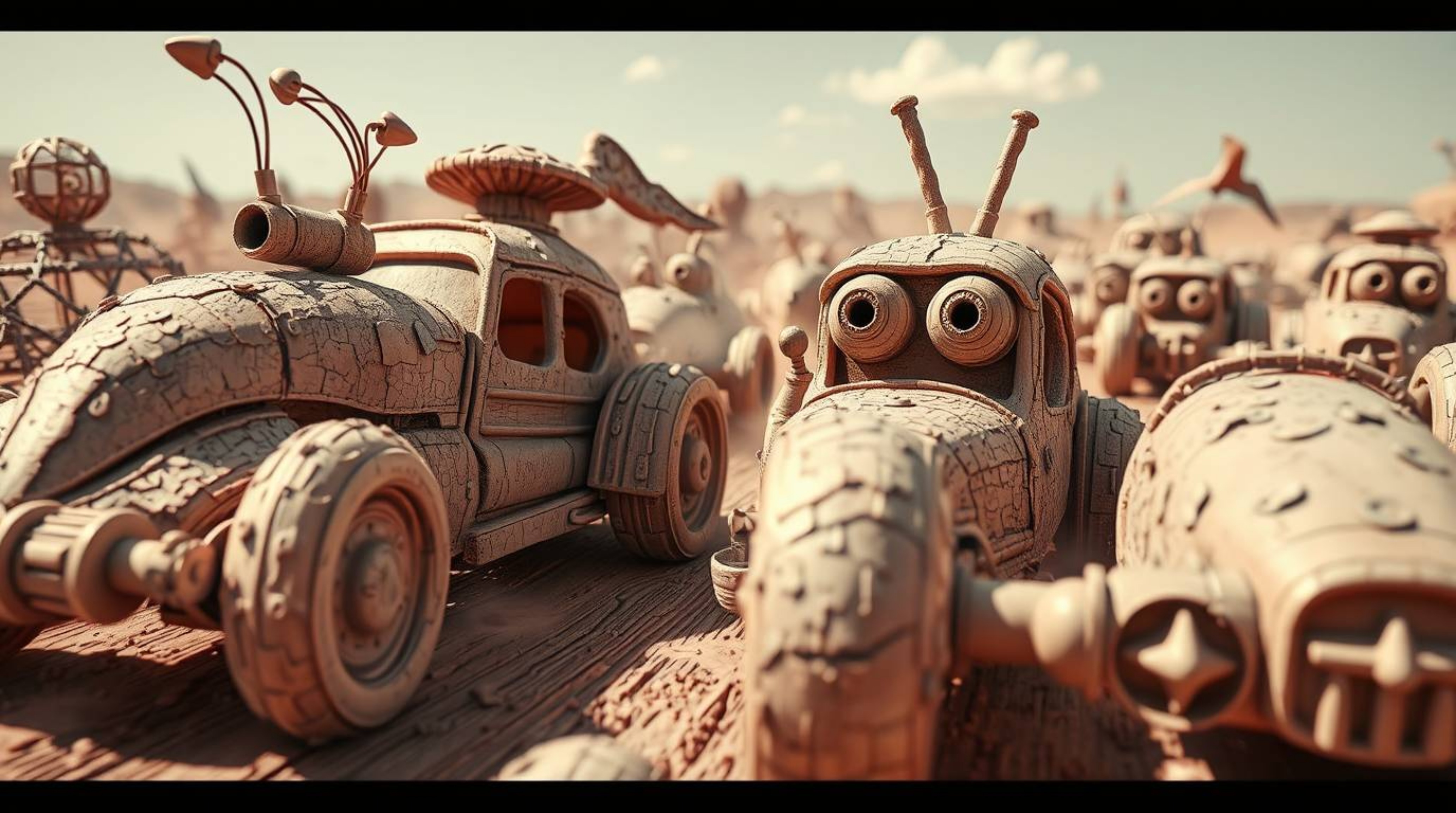 Immerse yourself in a wacky racing scene brought to life with outlandish cars meticulously sculpted from layered papier-mâché