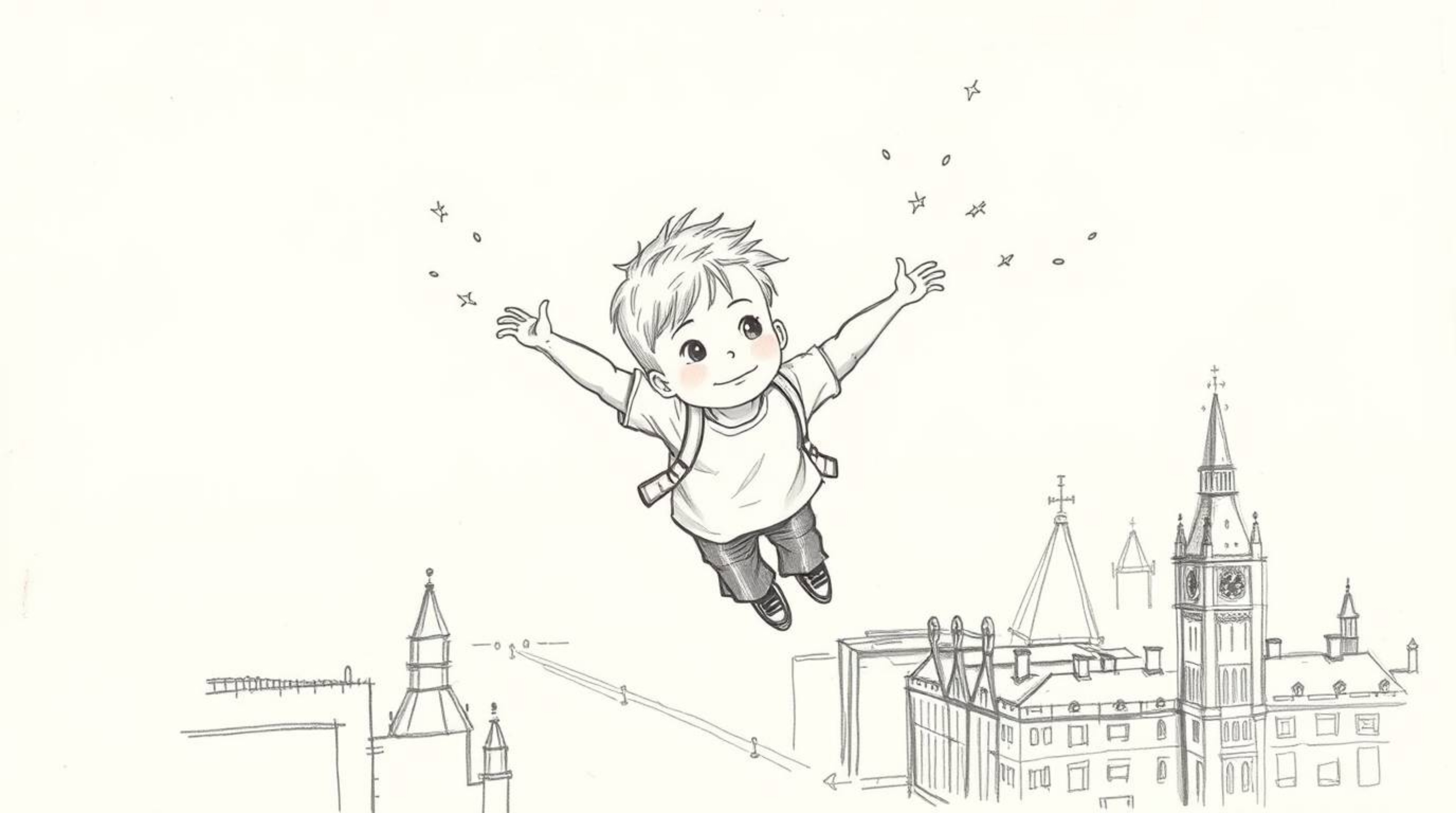 A hand-drawn sketch depicting a young boy with soft features soaring above London, propelled by magical pixie dust. The artwo