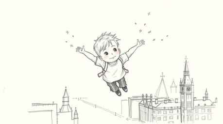 A hand-drawn sketch depicting a young boy with soft features soaring above London, propelled by magical pixie dust. The artwo