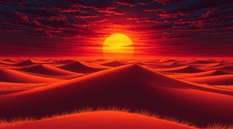 Capture the essence of an isekai anime with a breathtaking sunset scene. Golden desert dunes meet a rich burgundy and deep bl