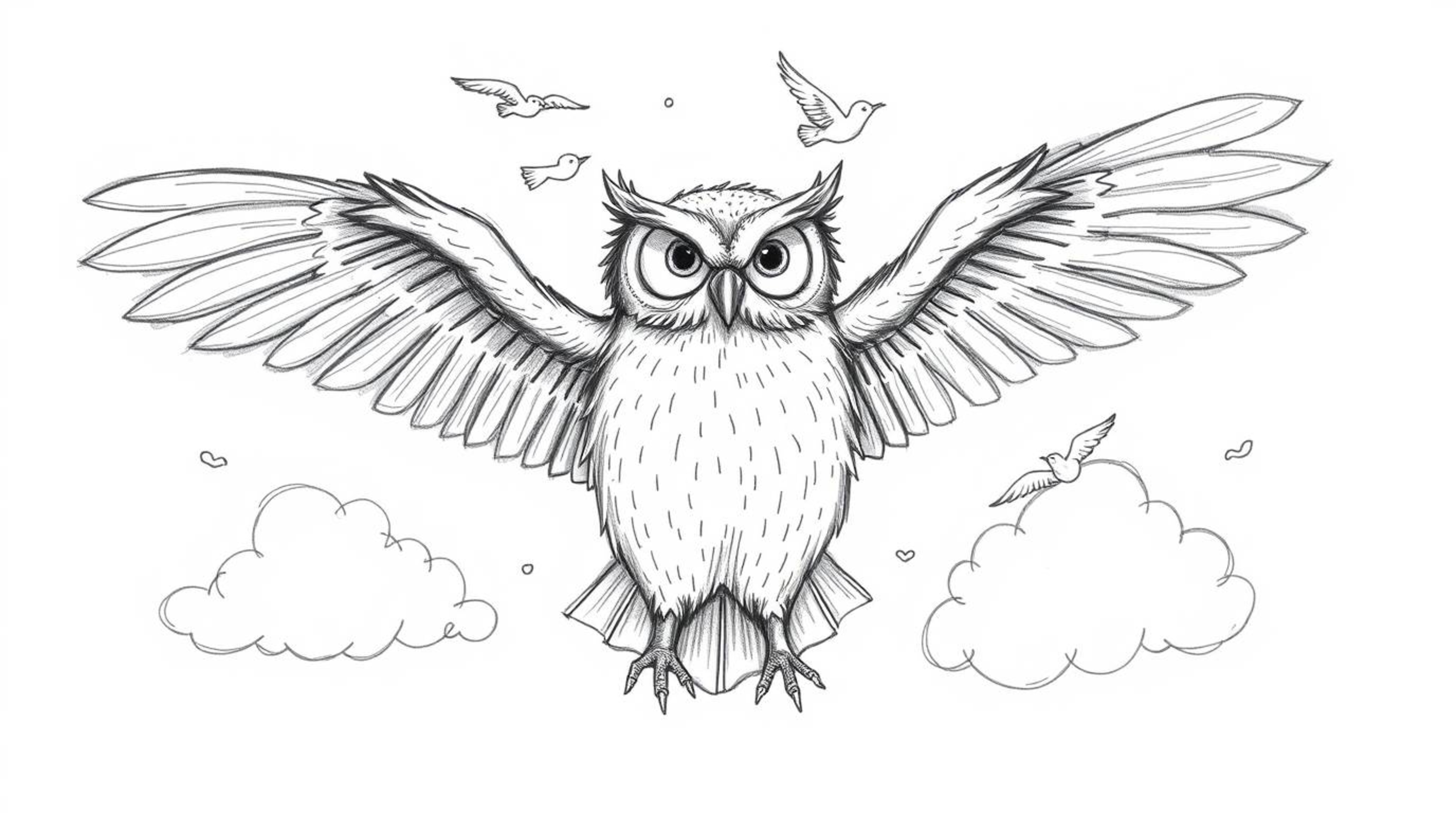A heartwarming hand-drawn sketch depicts a Pixar-esque blind owl with textured pencil lines and rough edges against a white b