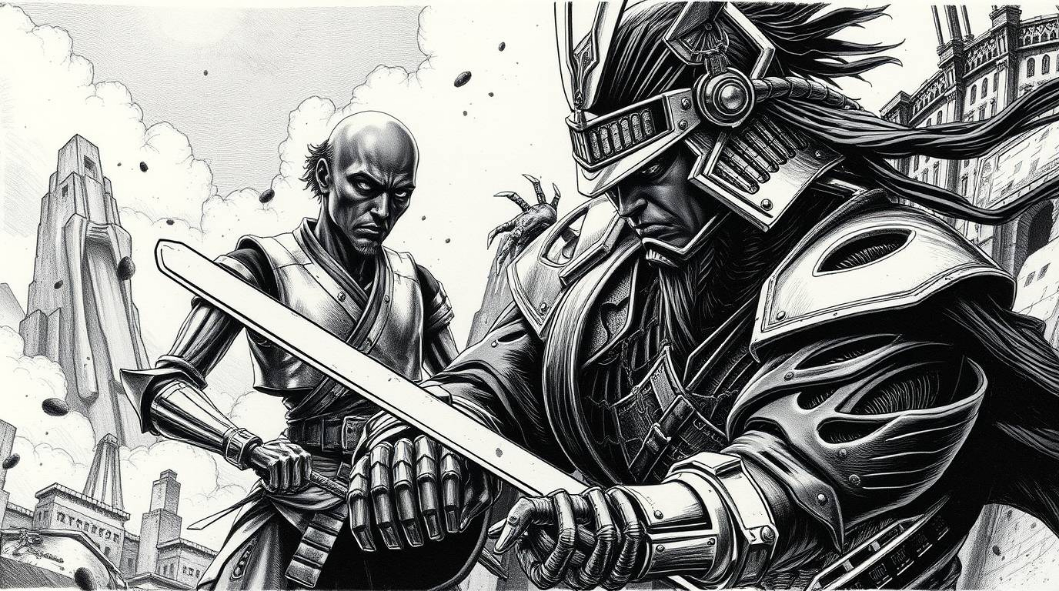 Immerse yourself in a classic black and white, dreamlike surreal etching depicting a timeless battle. A stoic samurai with da