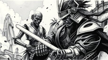 Immerse yourself in a classic black and white, dreamlike surreal etching depicting a timeless battle. A stoic samurai with da