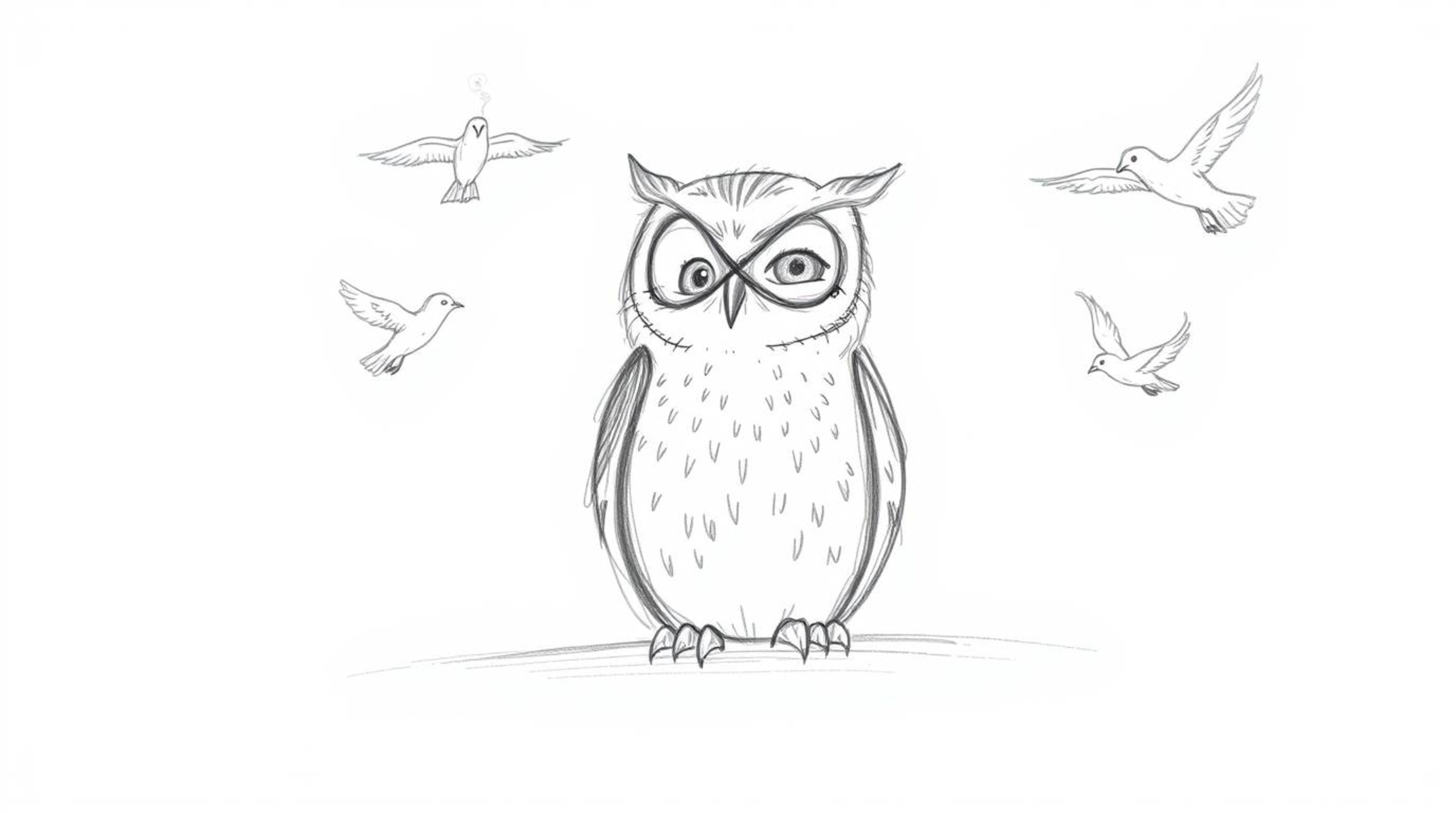 This hand-drawn sketch in the style of Pixar portrays a heartwarming scene: a blind owl with soft, expressive features patien