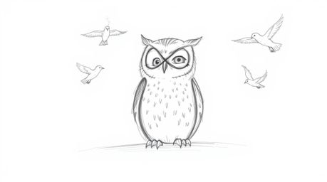 This hand-drawn sketch in the style of Pixar portrays a heartwarming scene: a blind owl with soft, expressive features patien