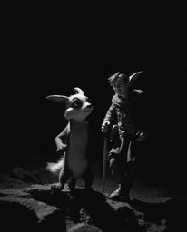 A captivating black and white photograph showcases a talking animal sidekick assisting a hero on their epic journey. The imag