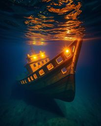 Capture the ethereal beauty of a shipwreck illuminated by a warm golden glow deep underwater. This professional fine art phot
