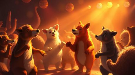 Immerse yourself in a vibrant digital painting of an animal dance party bathed in warm, soft light. Disco lights in reds, ora