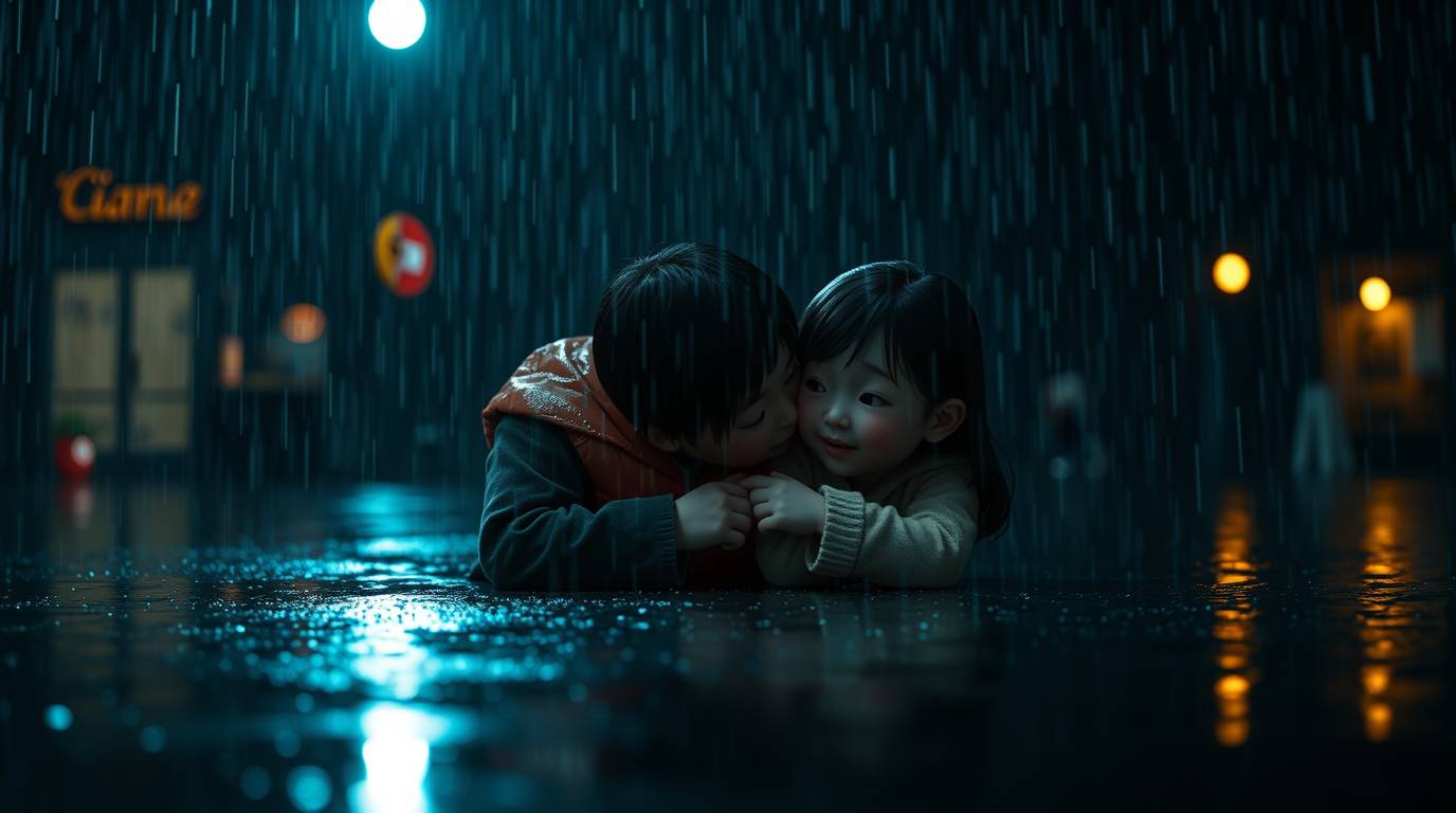 Experience a profoundly moving Pixar-style family reunion amidst an intensely dark and rainy backdrop. This scene captures th