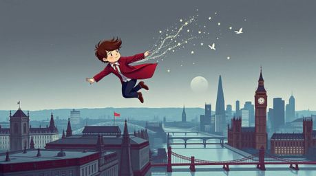 A captivating illustration depicts a young boy soaring above the London skyline, sprinkled with magical pixie dust. Rendered