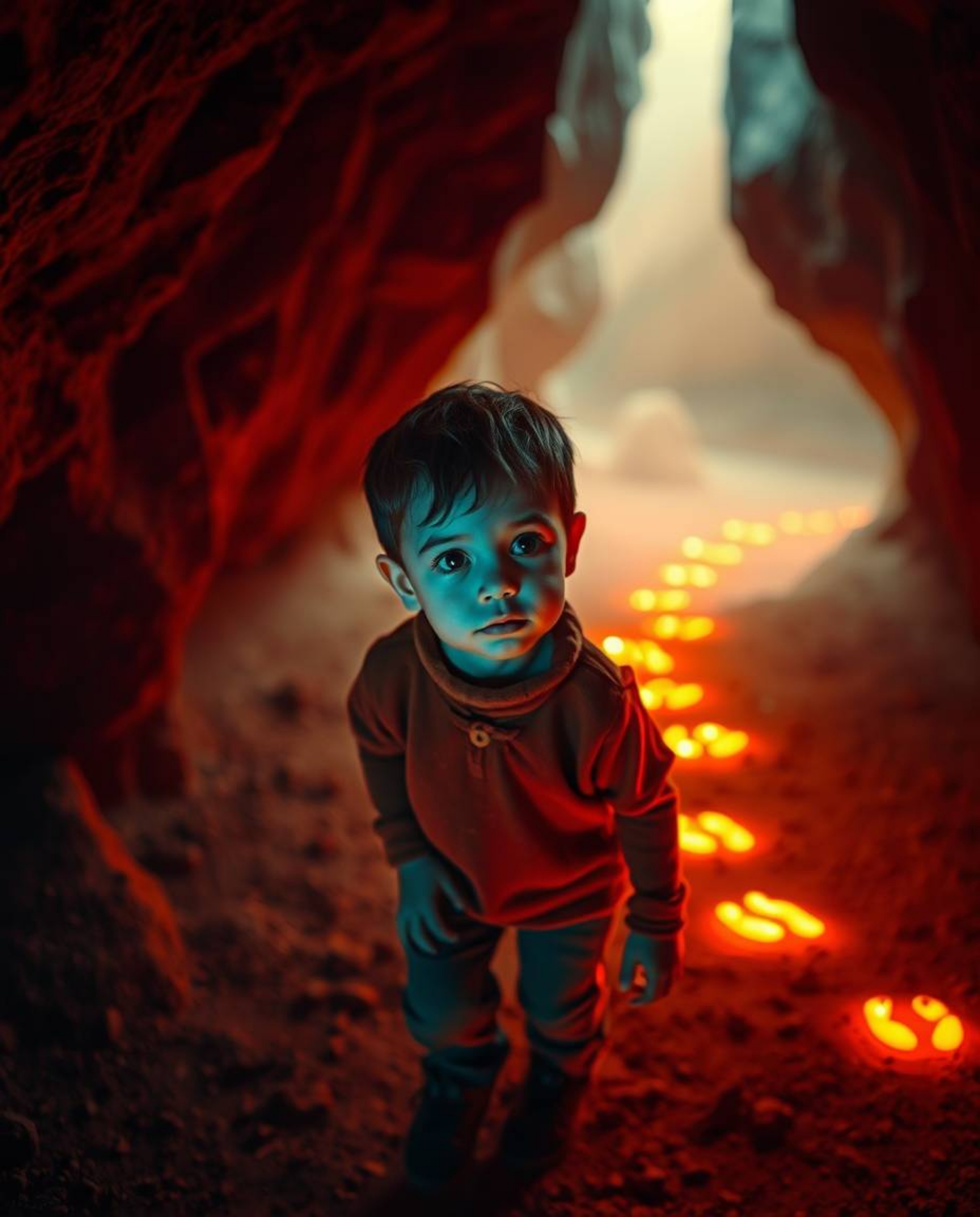 A cinematic still captures a child with a thoughtful expression venturing into a cave, guided by a trail of vibrantly glowing