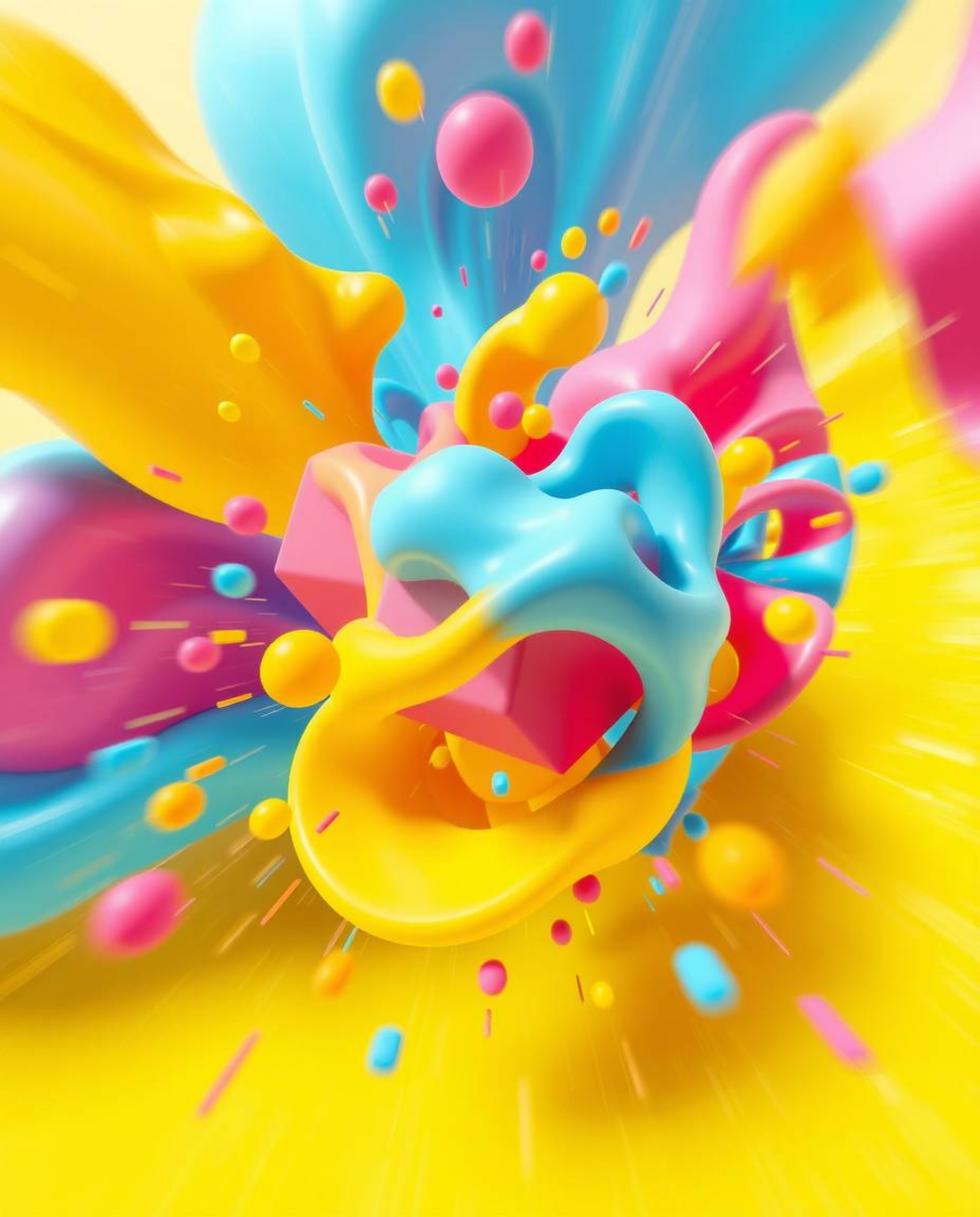 Explore vibrant and energetic dynamic 3D renders featuring bright colors and fluid shapes interacting with geometric forms. T