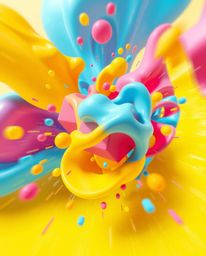 Explore vibrant and energetic dynamic 3D renders featuring bright colors and fluid shapes interacting with geometric forms. T