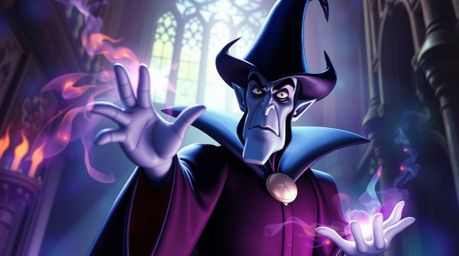 An ethereal image of a classic Disney villain casting a spell within an ancient castle. Iridescent colors and a mystical aura