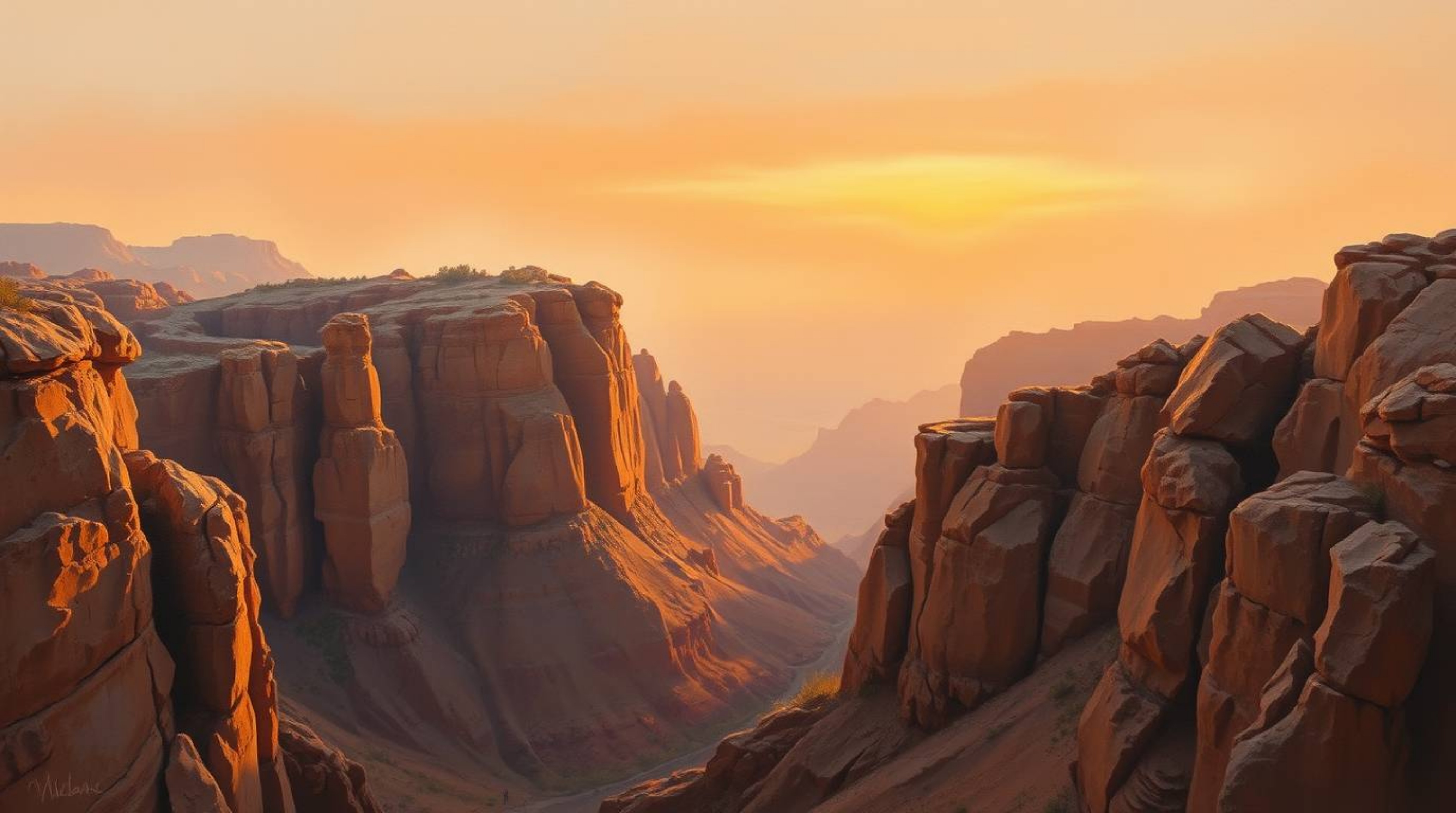 This classic oil painting captures the majestic beauty of a rocky canyon bathed in the warm, vibrant hues of a setting sun. T