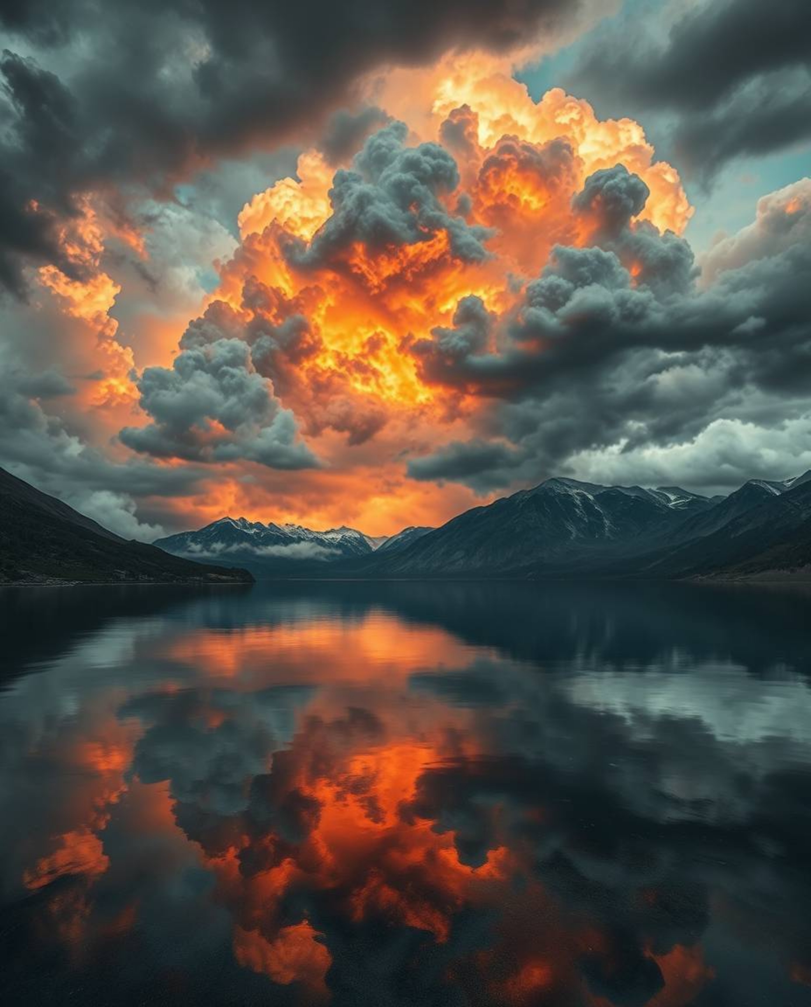 This is a cast bronze sculpture depicting the intense reflections of fiery clouds in a mountain lake. The piece has a beautif