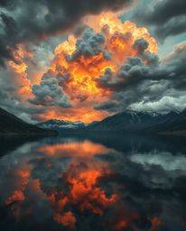 This is a cast bronze sculpture depicting the intense reflections of fiery clouds in a mountain lake. The piece has a beautif