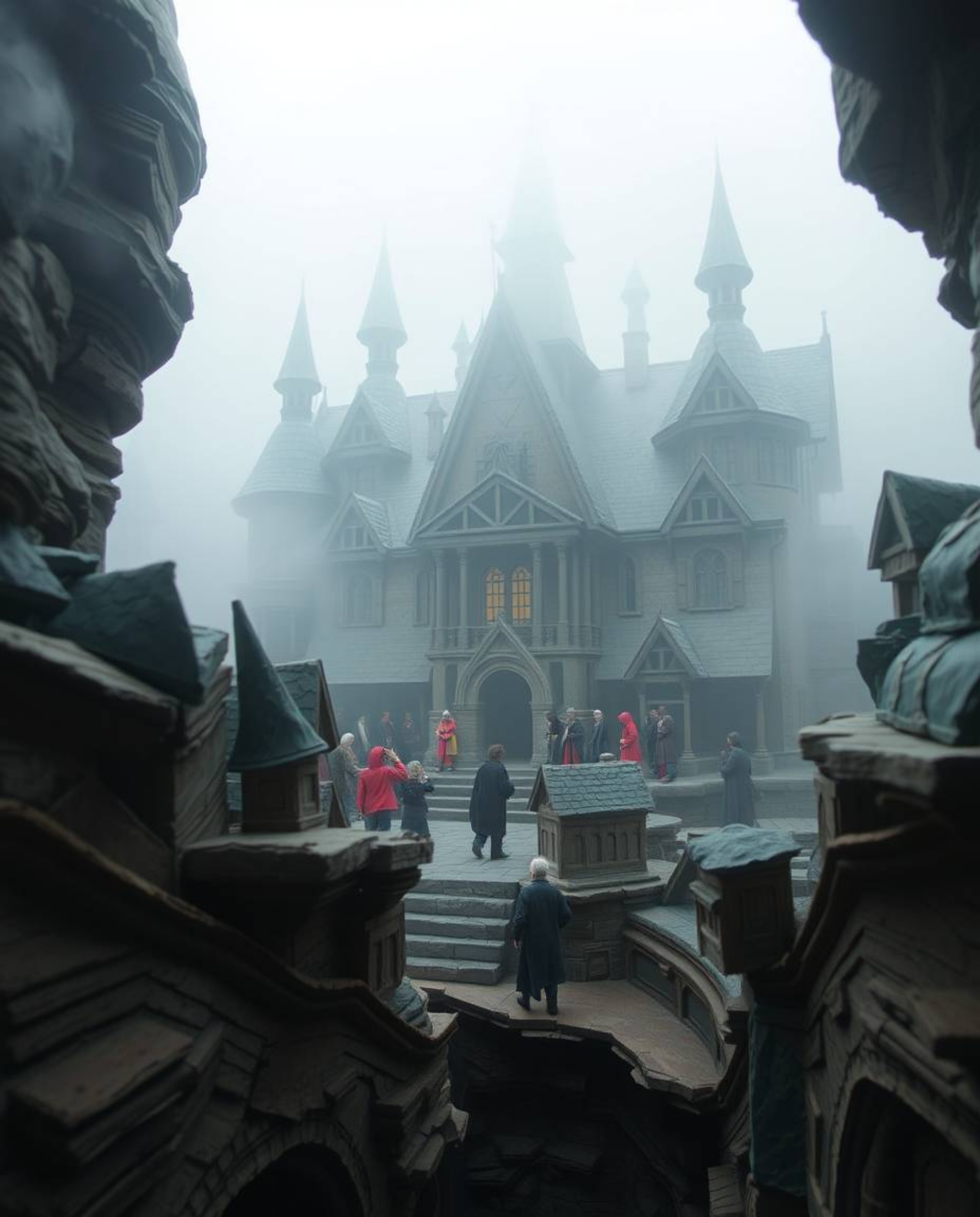 Explore a captivating magical school teeming with young wizards, enveloped in thick, atmospheric fog. The scene emphasizes ta