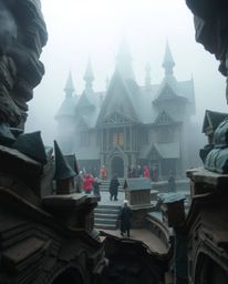 Explore a captivating magical school teeming with young wizards, enveloped in thick, atmospheric fog. The scene emphasizes ta