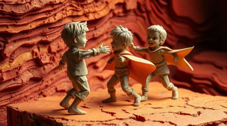 A vibrant papier-mâché sculpture depicting three superpowered children engaged in a dynamic battle against a formidable robot