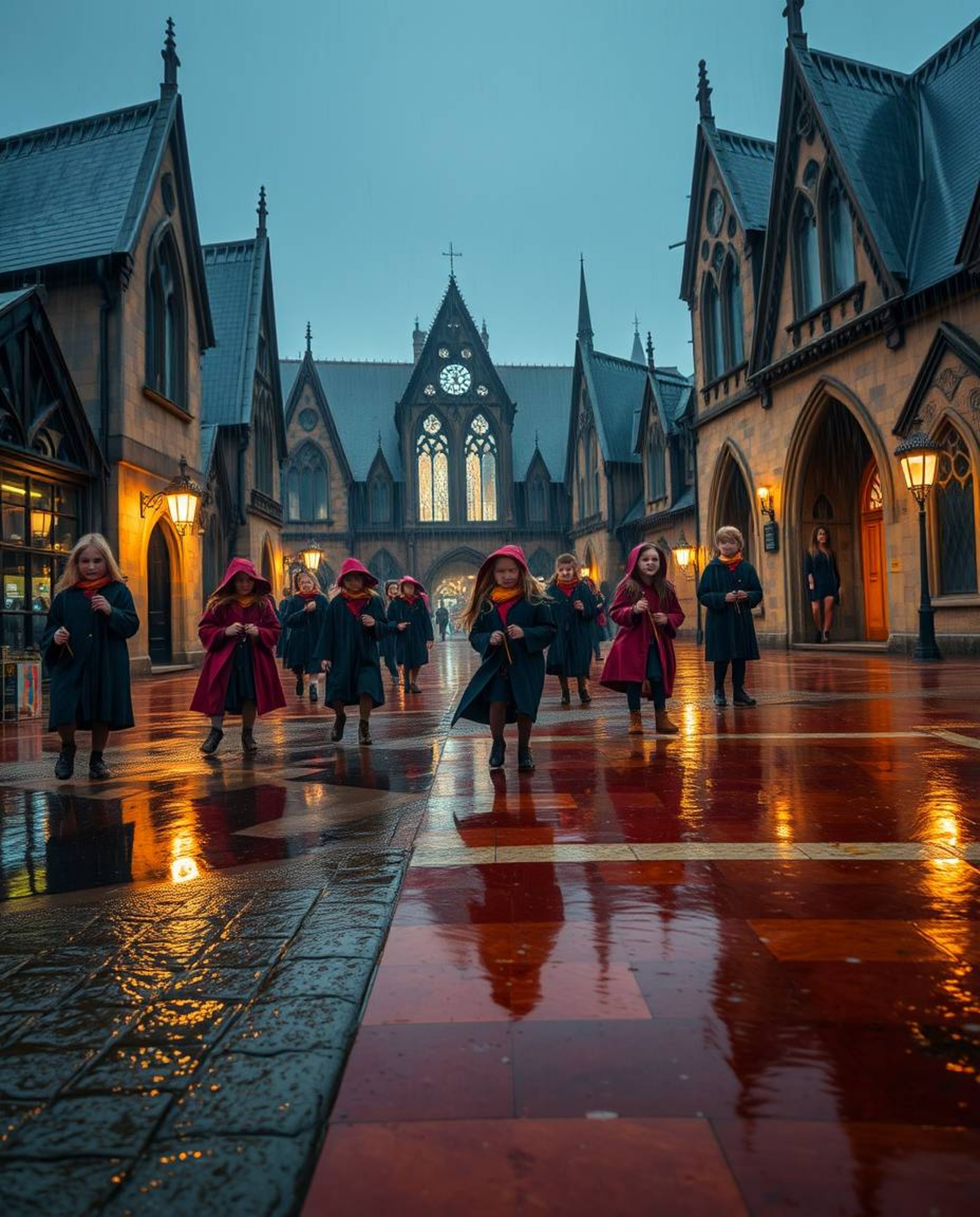 Immerse yourself in a breathtaking scene of a magical school teeming with young wizards. Captured in a wet, rainy atmosphere,