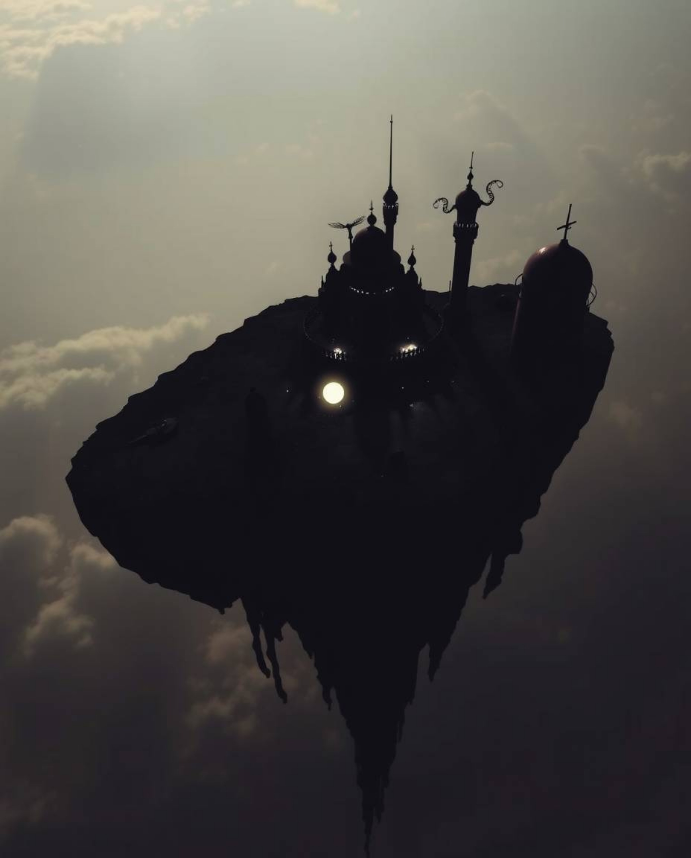Explore a breathtaking surreal floating island with strange and captivating architecture, captured from a high angle perspect