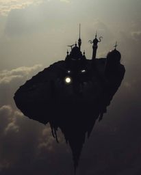 Explore a breathtaking surreal floating island with strange and captivating architecture, captured from a high angle perspect