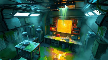 A digital sketch showcasing a slime-covered science lab from a captivating bird's-eye perspective.  The artwork utilizes loos