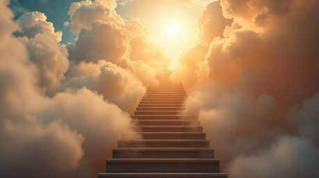 A surreal stairway winding through smoky clouds toward a bright, celestial light symbolizes a spiritual awakening. The warm g