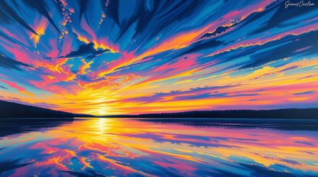 A captivating acrylic painting depicts a serene lake mirroring a vivid sunset sky.  Bioluminescent colors illuminate the wate