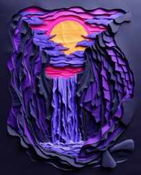 A layered papier-mâché artwork depicting a sun setting behind a dramatic waterfall in deep ultraviolet hues, showcasing vivid