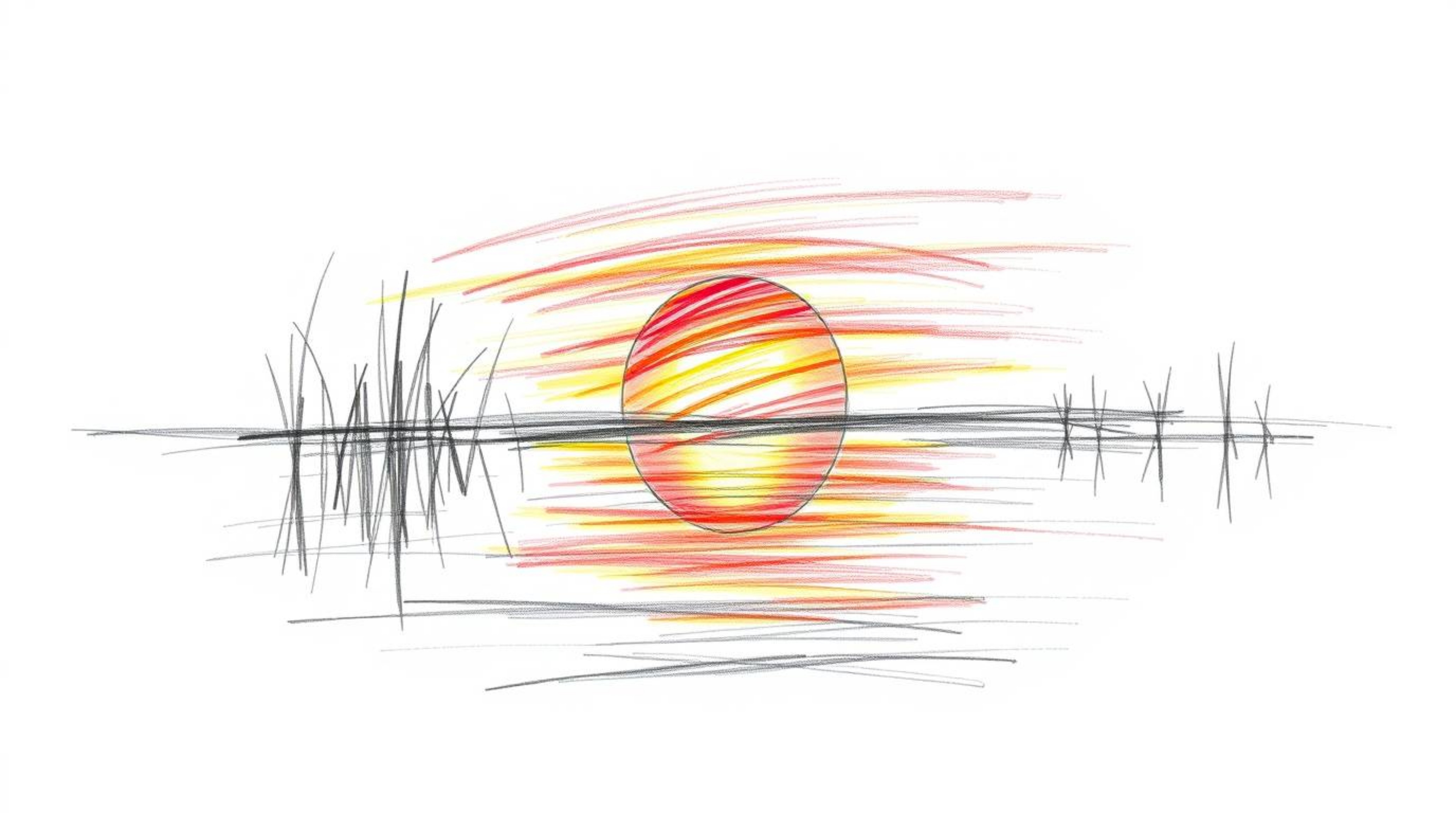 A captivating hand-drawn sketch utilizes creative light art techniques to portray the vibrant reflection of a colorful sunset